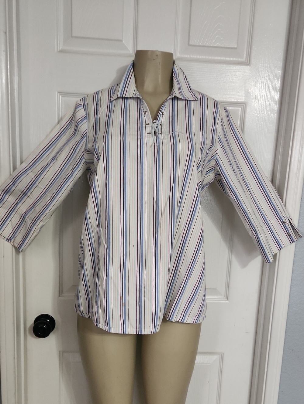 Oh! Mamma White Striped Lace-Up Collar Blouse Maternity